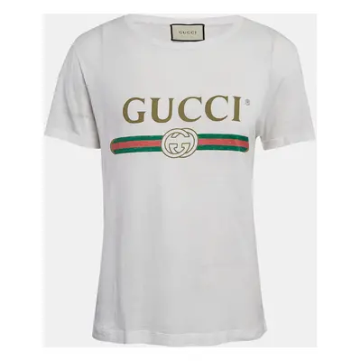 Gucci White Logo Print Cotton Round Neck T-Shirt