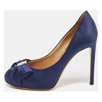 Salvatore Ferragamo Navy Blue Satin Bow Platform Pumps Size