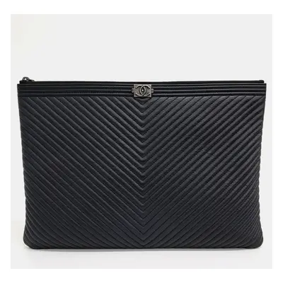 Chanel Black Leather Chevron Boy Large Clutch