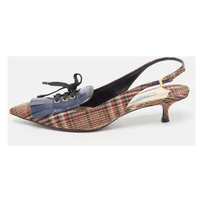 Prada Brown/Navy Blue Plaid Canvas and Leather Fringe Detail Lace Up Slingback Pumps Size