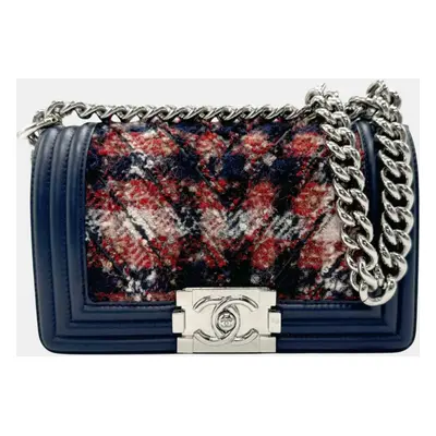 Chanel Tweed Leather Red Navy Silver Boy Chanel Shoulder Bag