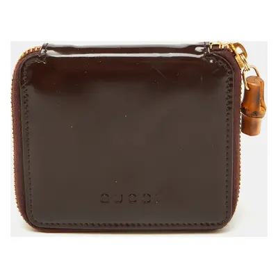 Gucci Dark Brown Leather Compact Bamboo Zip Around Wallet