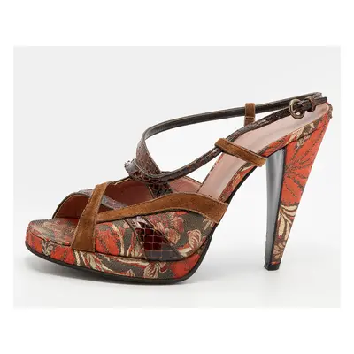 Miu Miu Multicolor Brocade And Python Strappy Slingback Sandals Size 39.5