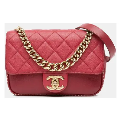 Chanel Red Small Quilted Caviar Studded Chain Handle Flap