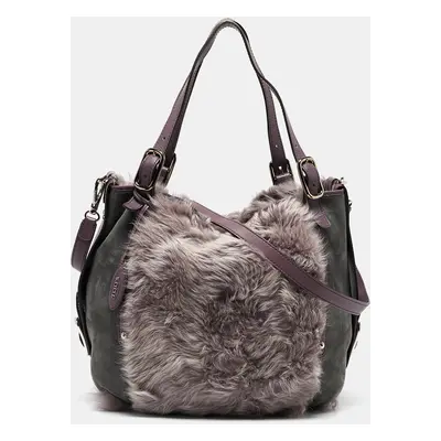 Tod's Purple/Grey Fur, Suede and Leather Buckle Hobo