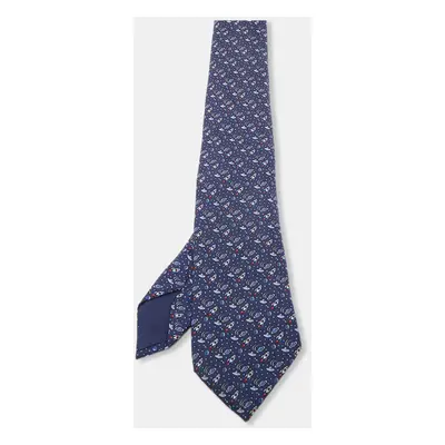 Hermes Navy Blue Space Print Silk Tie