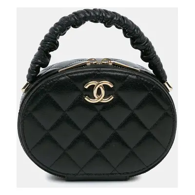 Chanel Black Leather CC Quilted Lambskin Oval Top Handle Clutch