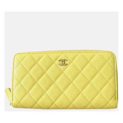 Chanel Yellow Caviar Skin Coco Mark Long Zip Wallet