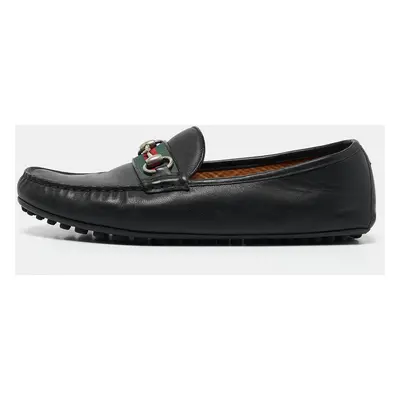 Gucci Black Leather Web Horsebit Loafers Size