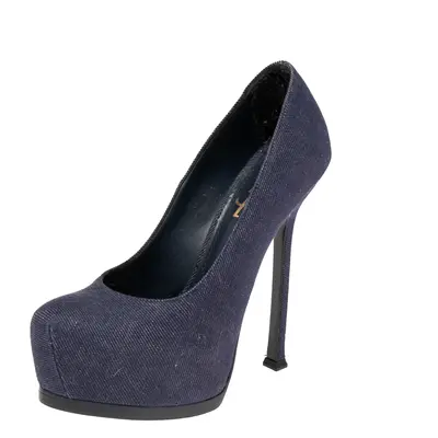 Yves Saint Laurent Blue Denim Fabric Tribtoo Platform Pumps Size 36.5