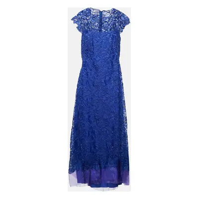 Tadashi Shoji Blue Floral Lace Cap Sleeve Gown