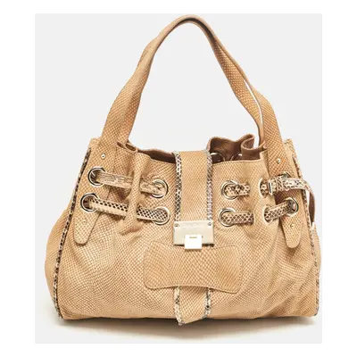 Jimmy Choo Beige Snakeskin Embossed and Watersnake Leather Riki Tote