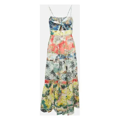 Zimmermann Multicolor Printed Cotton Neck Tie-Up Tiered Maxi Dress