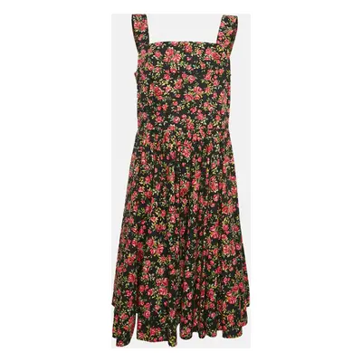 Dolce & Gabbana Black Rose Print Cotton Flared Midi Dress