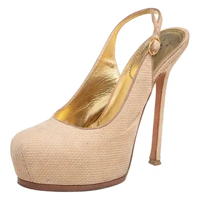 Yves Saint Laurent Cream Snakeskin Embossed Suede Tribtoo Slingback Pumps Size