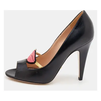 Gucci Black Leather Molina Lips Peep Toe Pumps Size 37.5