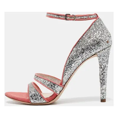 Miu Miu Silver Glitter Suede Ankle Strap Sandals Size