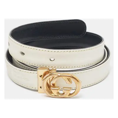 Gucci White/Black Leather Vintage Interlocking G Buckle Belt