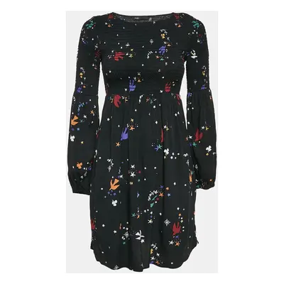 Maje Black Bird and Star Print Crepe Smocked Reskita Mini Dress