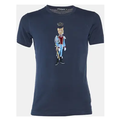 Dolce & Gabbana Navy Blue Cotton Royal Pet Patch Detail T-Shirt