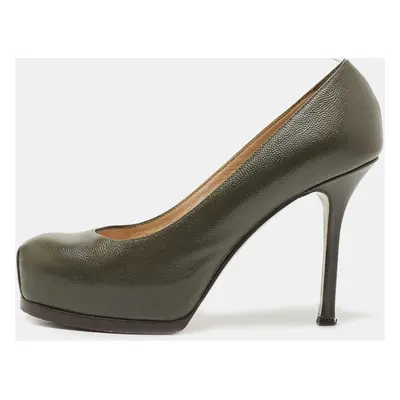 Saint Laurent Dark Green Leather Tribtoo Platform Pumps Size