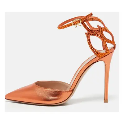 Gianvito Rossi Metallic Orange Leather Fleur Sandals Size