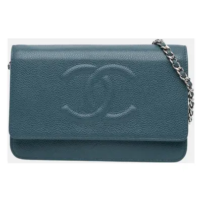 Chanel Blue CC Caviar Wallet On Chain