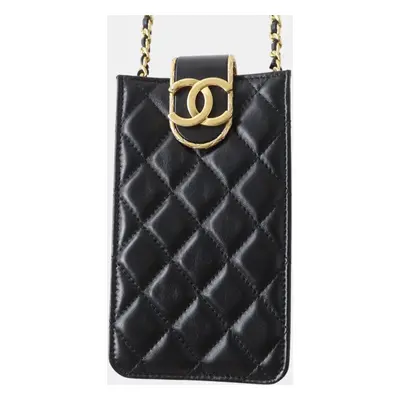 Chanel Black Leather Lambskin Phone Holder Chain Bag