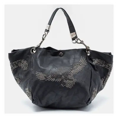 Jimmy Choo Black Embellished Leather And Snake Lohla Grommet Hobo