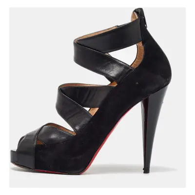 Christian Louboutin Black Leather and Suede Criss Cross Platform Pumps Size