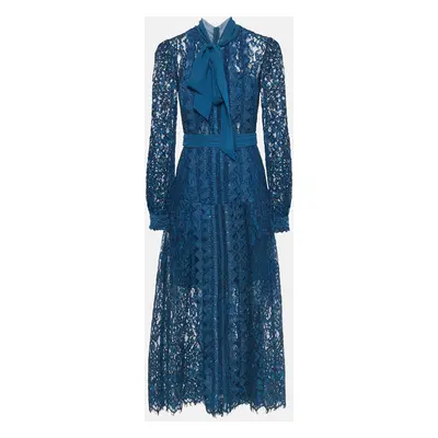 Self-Portrait Blue Petrol Lace Pussy Bow Midi Dress