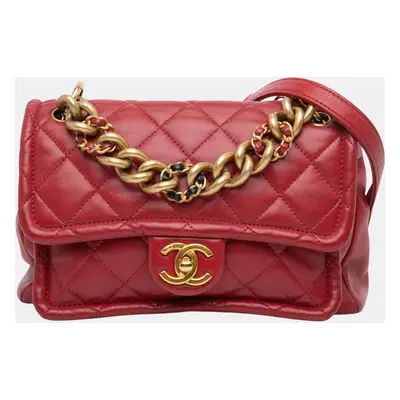 Chanel Red Quilted Lambskin Chain Leather Link Flap