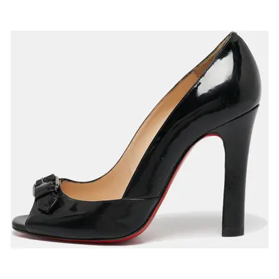 Christian Louboutin Black Patent Leather Buckle Detail Peep Toe Pumps Size 37.5