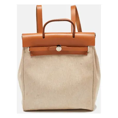 Hermes Natural/Toile Canvas and Vache Hunter Herbag in Backpack