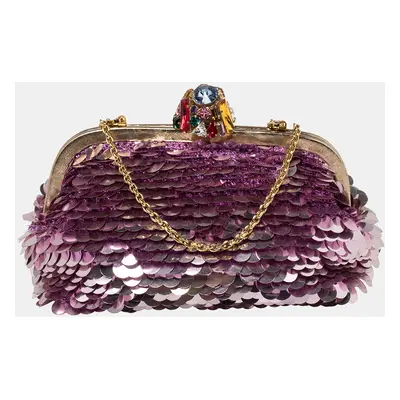 Dolce & Gabbana Pink Sequin Crystal Embellished Lock Frame Chain Clutch