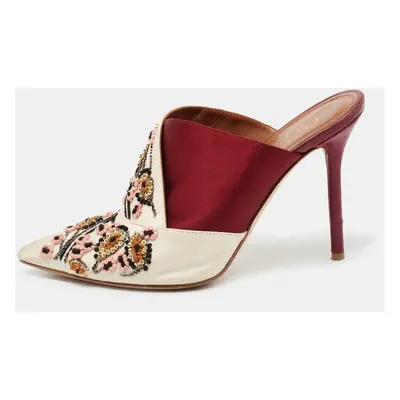 Malone Souliers Off White/Burgundy Satin Floral Embroidered Pointed Toe Mules Size