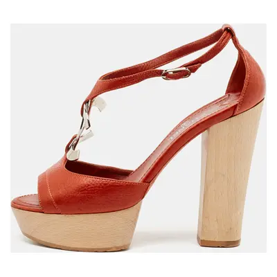 Chanel Dark Orange Leather CC Detail Ankle Strap Platform Sandals Size 37.5