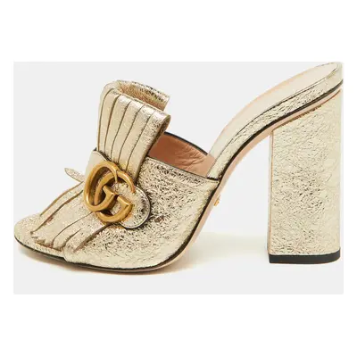 Gucci Gold Crackle Leather Fringe GG Marmont Block Heel Mules Size