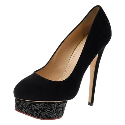 Charlotte Olympia Black Suede Crystal Embellished Dolly Platform Pumps Size