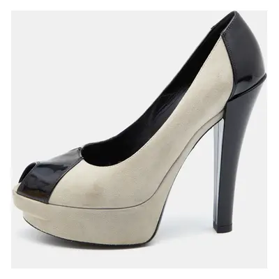 Louis Vuitton Grey/Black Suede And Patent Leather Peep Toe Platform Pumps Size