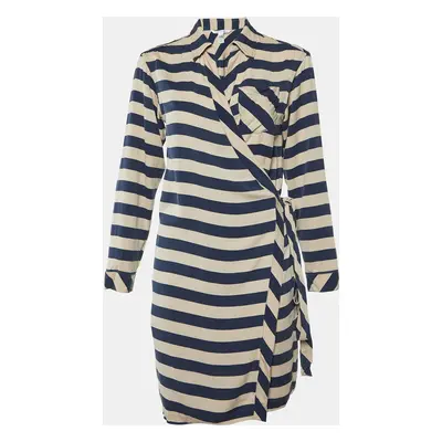 Diane Von Furstenberg Navy Blue Striped Stretch Silk Wrap Dress