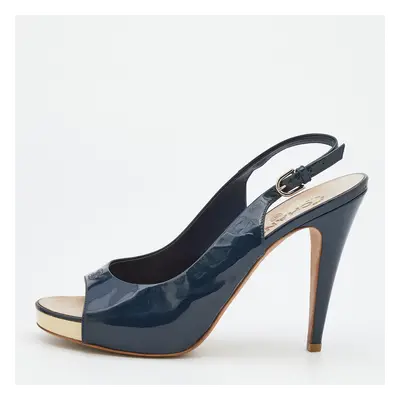 Chanel Navy Blue Patent Leather CC Open Toe Platform Slingback Sandals Size 41.5