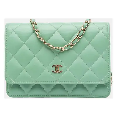 Chanel Green Mini CC Quilted Lambskin Wallet On Chain