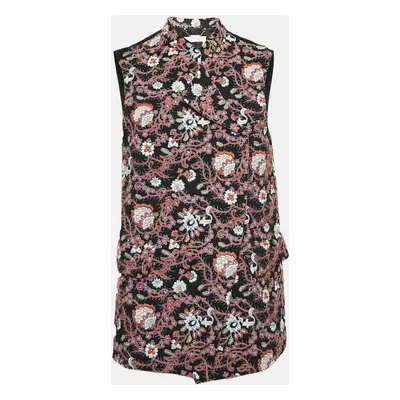 Chloe Navy Blue/Orange Floral Embroidered Chiffon Open Front Vest