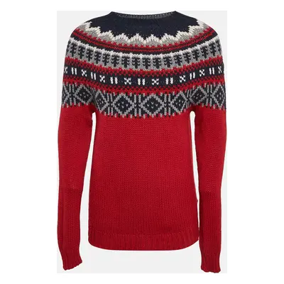 Moncler Red/Blue Intarsia Wool Knit Mock Neck Sweater