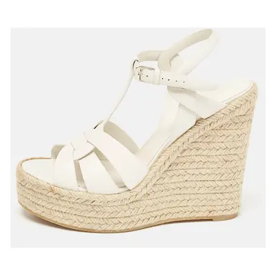 Saint Laurent White Leather Tribute Wedge Sandals Size