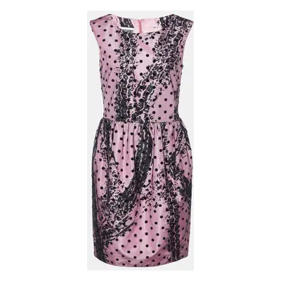 Moschino Couture Pink Printed Satin & Polka Dot Tulle Sleeveless Sheath Dress