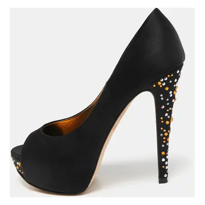 Gina Black Satin Jenna Crystal Embellished Platform Pumps Size 37.5