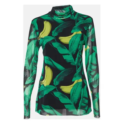 Ganni Green Banana Print Mesh Turtle Neck Top