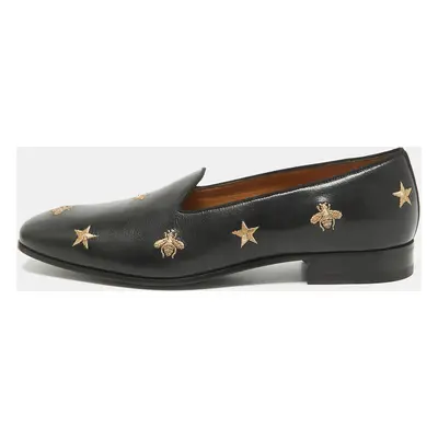 Gucci Black Leather Embroidered Bee and Star Slip On Loafers Size